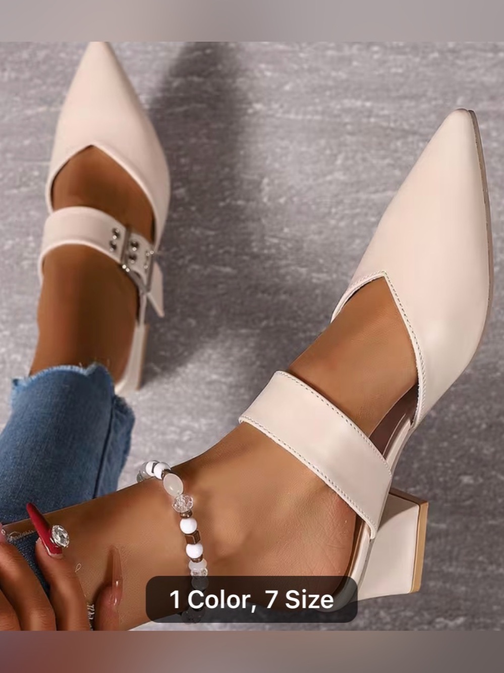 Pointed Toe White Mary Jane Block Heel Pumps
